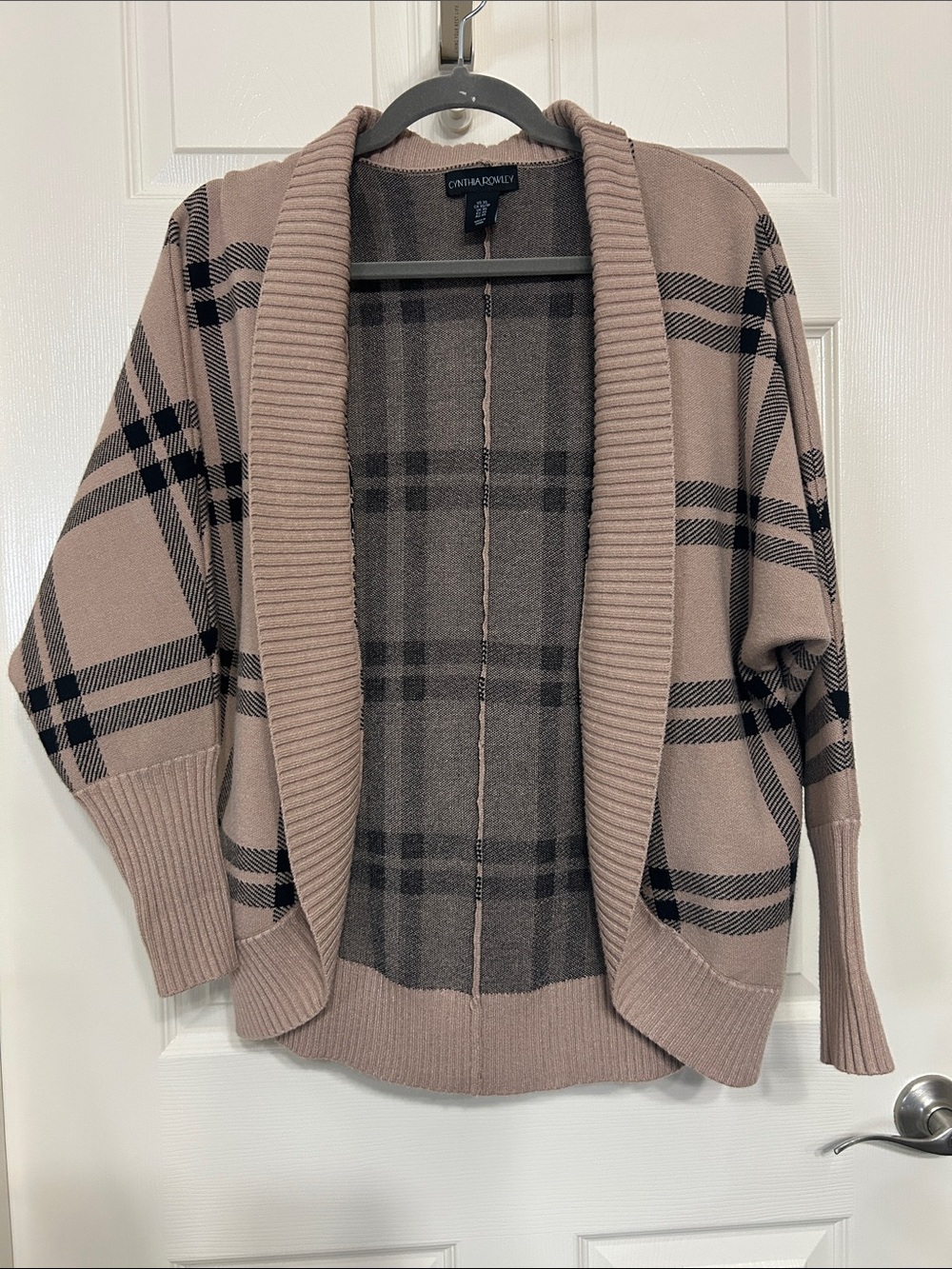 Cynthia Rowley Black and Tan Plaid Open-Front Cardigan Rayon Blend